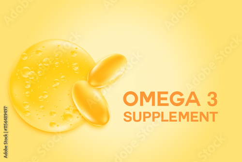 3D omega 3 fish oil soft gel capsules, microscope illustration of glowing golden oil drop with fatty acid bubbles. Healthy nutrition, vitamin D3, ocean krill oil DHA, EPA supplements background.