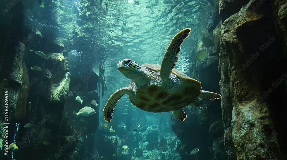 Fototapeta premium Underwater sea turtle swimming in aquarium.