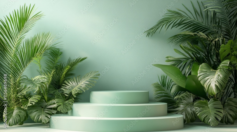 Tiered green podium with a modern design on a soft mint green background Tiered green podium with a modern design on a soft mint green background