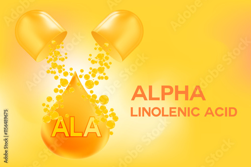 Glowing gold alpha linolenic acid drop with shiny bubbles flowing from open 3D capsule. Healthy nutrition, supplement background with copy space. Omega 3 fish oil, vitamin E, D3 vector illustration.