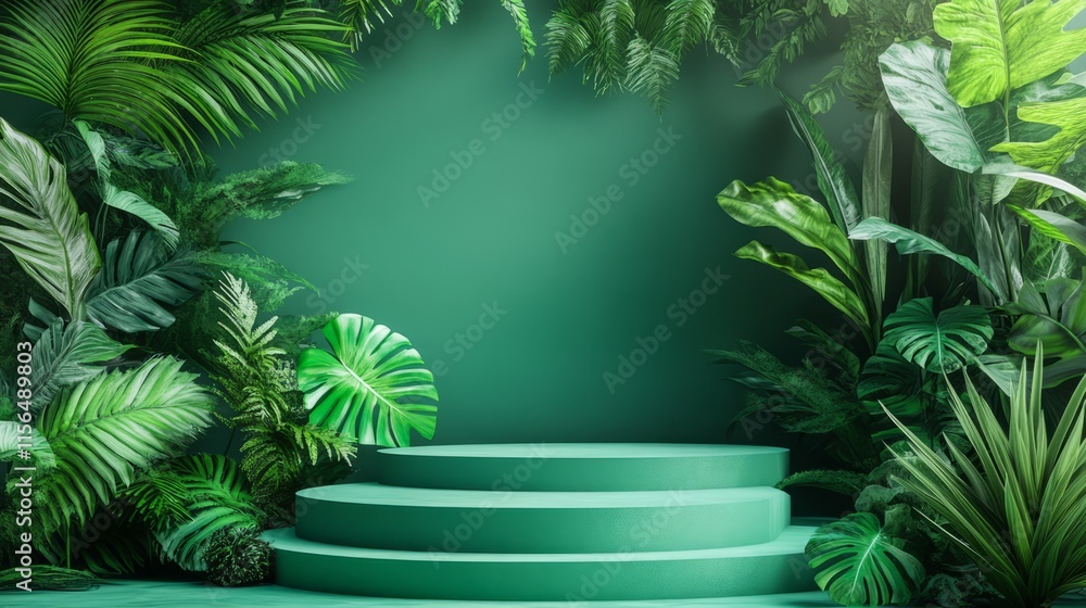 Tiered green podium with a modern design on a soft mint green background Tiered green podium with a modern design on a soft mint green background