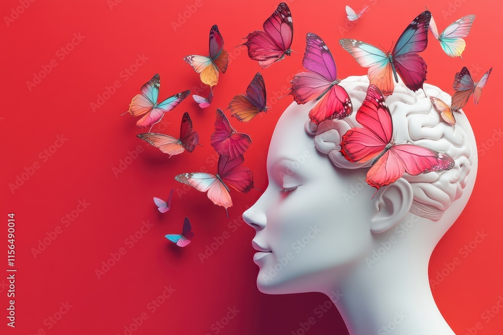 Human head brain and butterflies surrounding it in the mental health awareness concept Human head brain and butterflies surrounding it in the mental health awareness concept