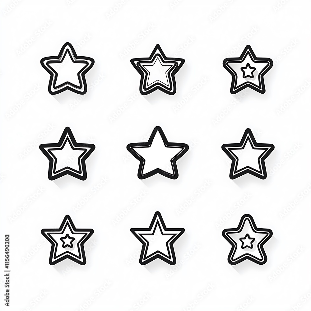 Set of Nine Black Outline Star Icons on White Background Set of Nine Black Outline Star Icons on White Background