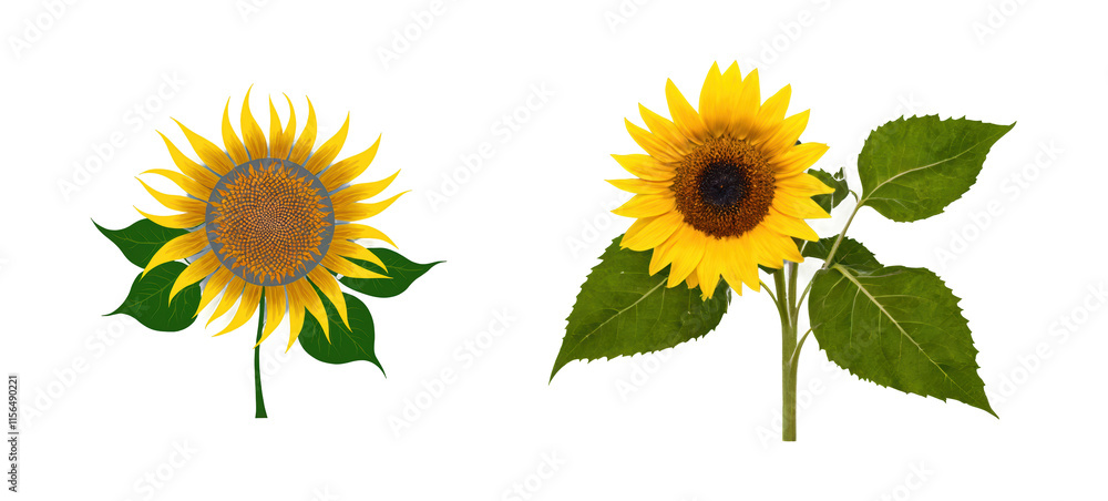 A single sunflower and an artistic sunflower, with bright yellow petals, a detailed brown center, and vibrant green leaves, isolated on a transparent background. A single sunflower and an artistic sunflower, with bright yellow petals, a detailed brown center, and vibrant green leaves, isolated on a transparent background.