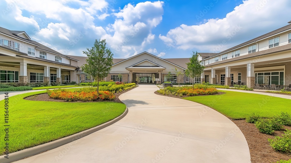 Obraz premium Senior care facility exterior with well-maintained garden and welcoming entrance. Emphasizing comfort and dignity in elderly living environments.