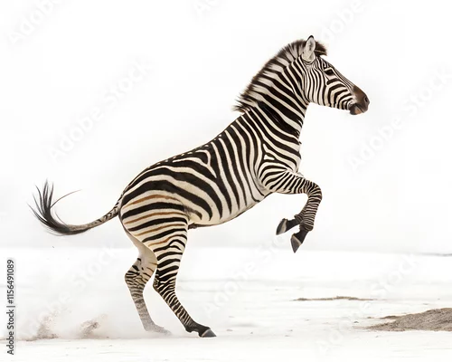 Fototapeta A zebra jumping with legs extended, its striped body in a dynamic pose against a white backdrop