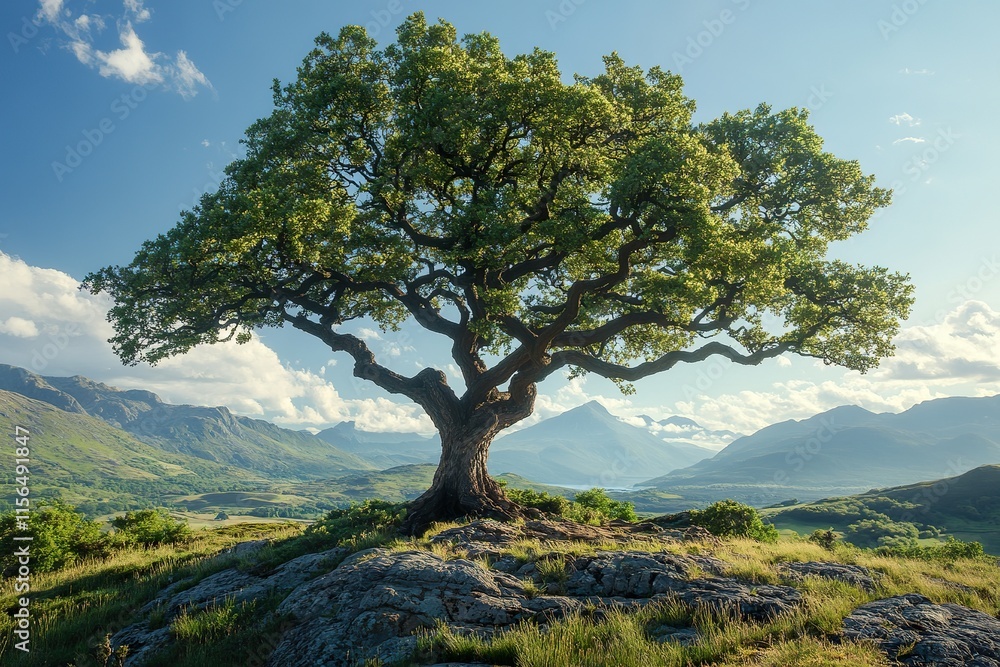 Majestic Oak Tree Stands Tall On Mountaintop Vista Majestic Oak Tree Stands Tall On Mountaintop Vista