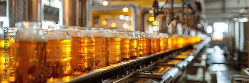 A number of glass bottles on a factory bottling production line, demonstrating a blurred industrial background, a production concept. photo