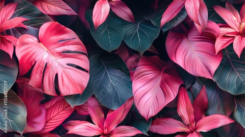 A vibrant arrangement of tropical leaves in shades of pink and green.