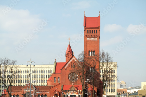 Canvas Print The building of the red church on the central square in Minsk (Belarus)