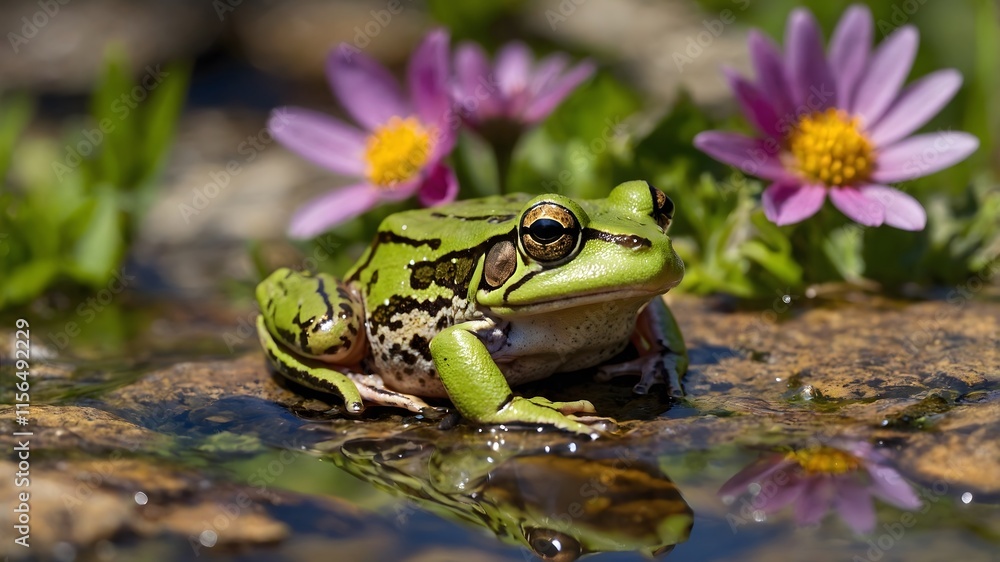 In the Wild: Northern Tinker Frog Resting Among Wildflowers by a Flowing Stream In the Wild: Northern Tinker Frog Resting Among Wildflowers by a Flowing Stream