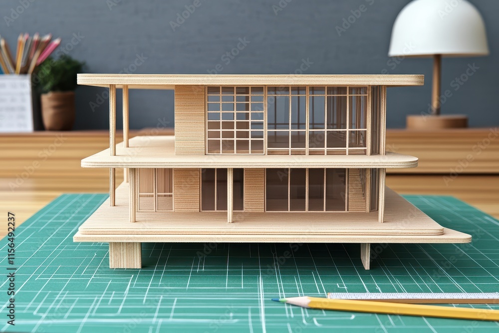 Fototapeta premium Minimalist home architecture design model on a blueprint