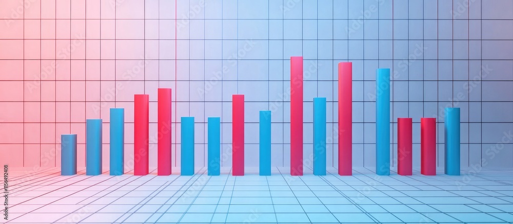 Fototapeta premium Financial Bar Chart Visualization with Blue and Red Bars on a Light Blue Grid Background Featuring Copyspace for Text and Data Analysis