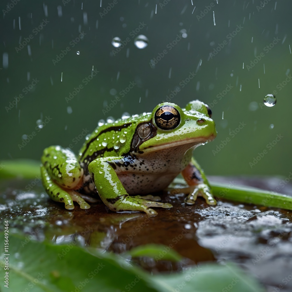 Obraz premium In the Rain: A Northern Tinker Frog on a Moist Leaf in the Forest