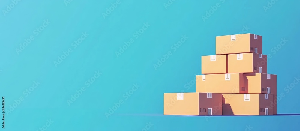Stacked cardboard boxes ready for loading and unloading with blue background and ample empty space for text or promotional content Stacked cardboard boxes ready for loading and unloading with blue background and ample empty space for text or promotional content