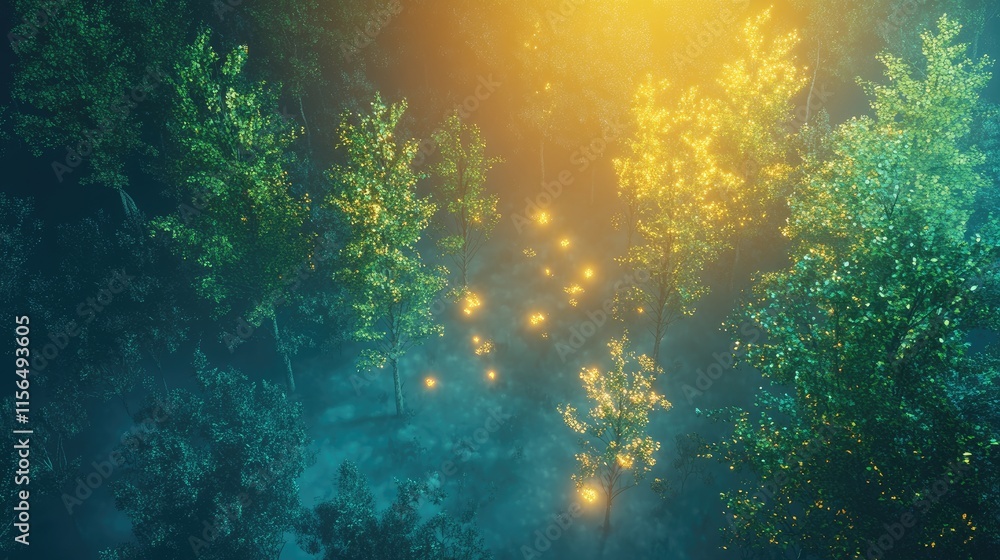 Aerial view of young trees illuminated by soft glowing lights in a serene forest scene with ample copyspace for text placement Aerial view of young trees illuminated by soft glowing lights in a serene forest scene with ample copyspace for text placement