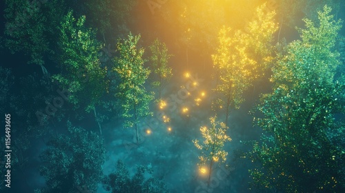 Wallpaper Mural Aerial view of young trees illuminated by soft glowing lights in a serene forest scene with ample copyspace for text placement Torontodigital.ca
