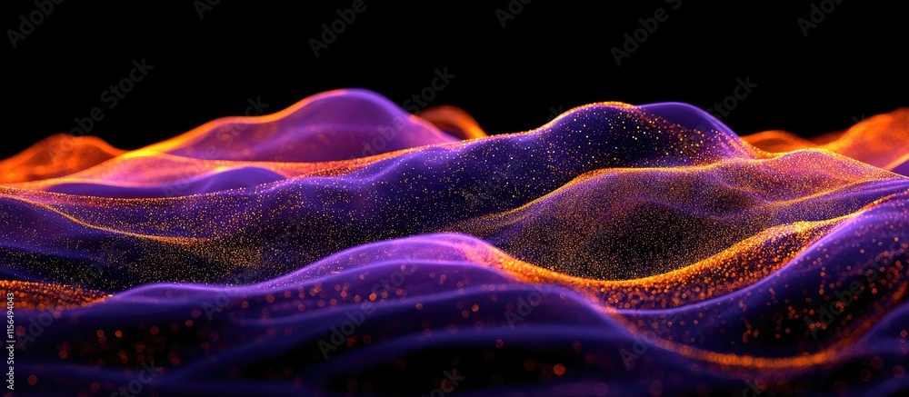 Fototapeta premium Vibrant abstract waves in purple and orange with glowing particles creating a dynamic background ideal for text overlay and creative projects
