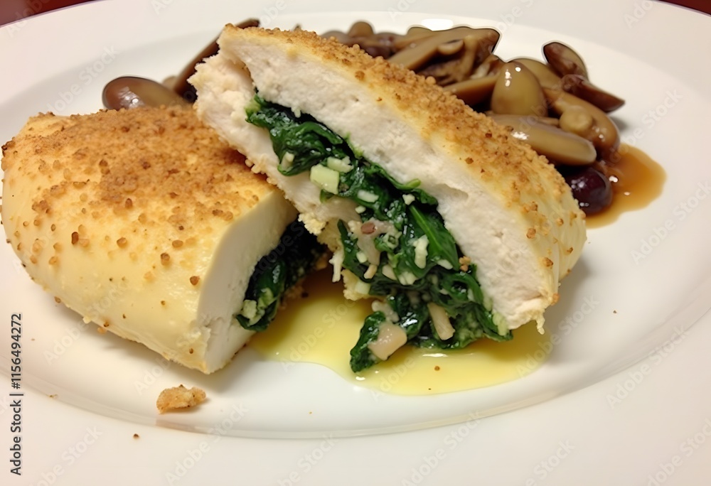 Stuffed chicken fillet with spinach and cheese on white plate on wooden table.
Stuffed chicken fillet with spinach and cheese on white plate on wooden table.