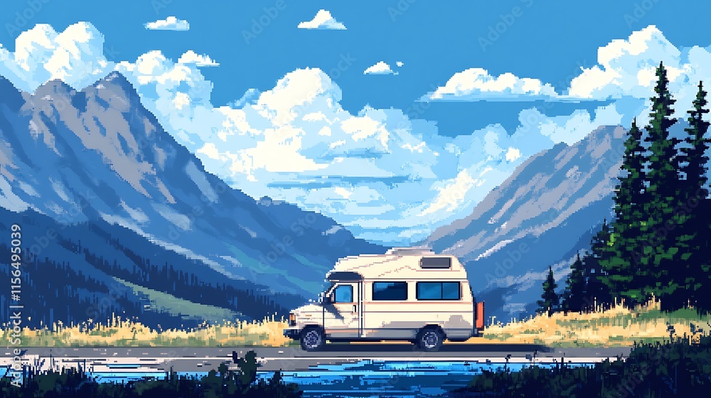 Stunning Digital Painting: Campervan Idly Parks Amongst Majestic Mountains. AI Generated Stunning Digital Painting: Campervan Idly Parks Amongst Majestic Mountains. AI Generated