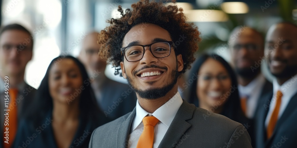 A group of diverse business people smiling and looking at the camera, wearing suits with orange ties in an office environment A group of diverse business people smiling and looking at the camera, wearing suits with orange ties in an office environment