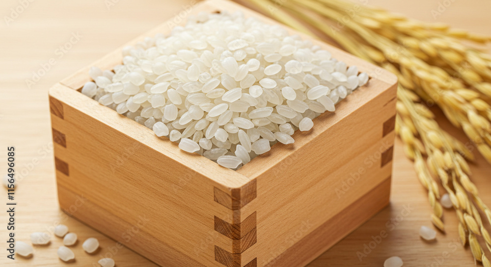 白く輝くお米と稲穂、日本のお米