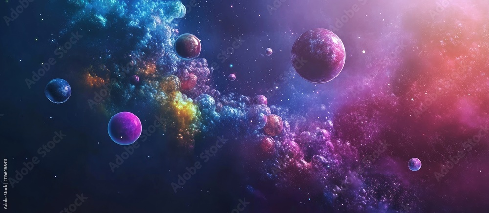 Fototapeta premium Vibrant cosmic scene featuring colorful planets and nebulae against a dark background with space for text or overlay graphics