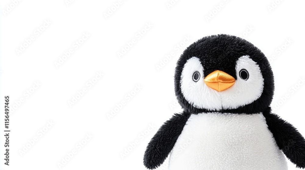 Fototapeta premium Cuddly penguin plush toy on white background with soft texture and ample empty space for customizable text or branding purposes