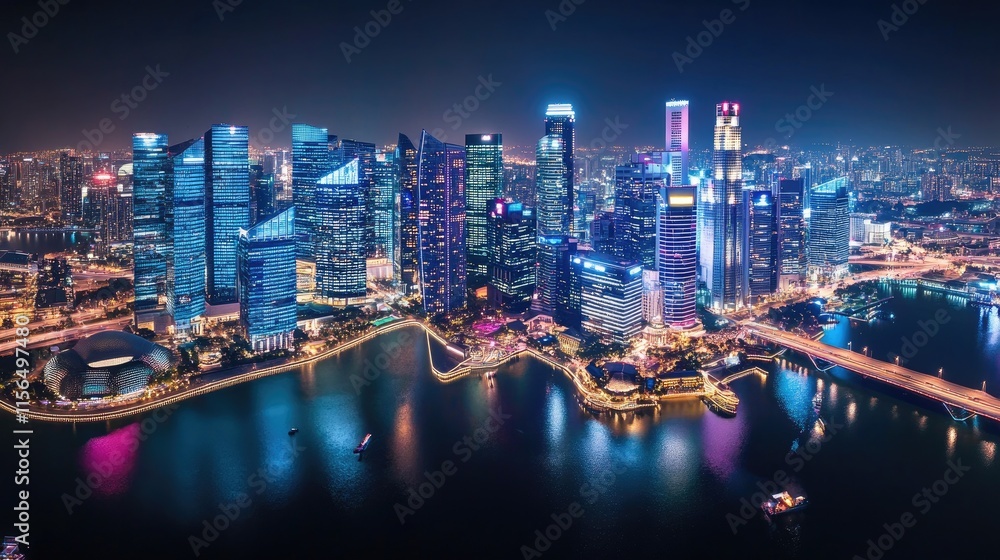 Naklejka premium Nighttime Aerial View Of Illuminated Singapore Skyline
