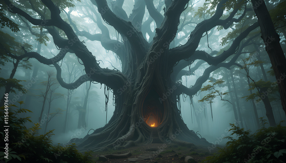 Obraz premium Ancient mystical tree with a hollow and glowing entrance in a foggy enchanted forest 