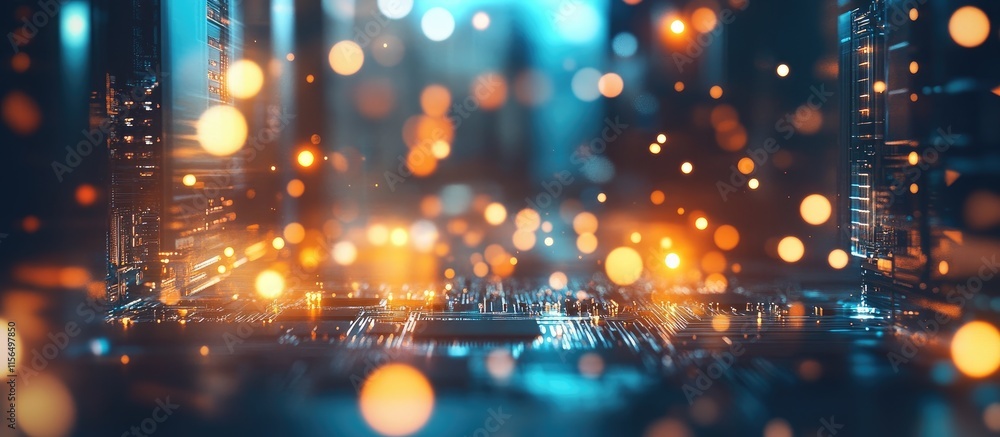 Obraz premium Modern computer chip with glowing transistors in a futuristic technology background featuring bokeh elements and ample space for text customization