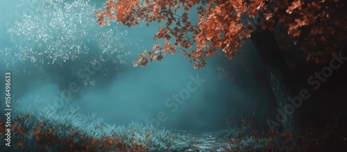 Enchanted autumn forest landscape with fog and dramatic lighting ideal for nature-themed projects and captivating visual storytelling