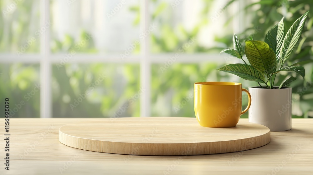 Bright Yellow Coffee Mug on Wooden Table Surrounded by Indoor Plants and Natural Light, Creating a Calm and Cozy Atmosphere in Modern Home Decor Bright Yellow Coffee Mug on Wooden Table Surrounded by Indoor Plants and Natural Light, Creating a Calm and Cozy Atmosphere in Modern Home Decor