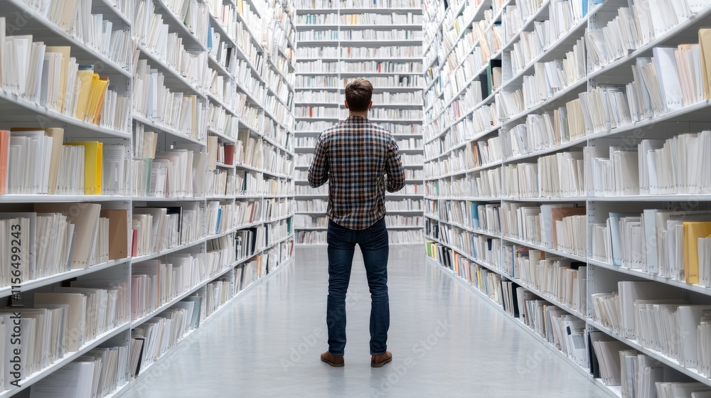Man Standing in a Modern Library Surrounded by Rows of Bookshelves Filled with Unlabeled White Binders, Representing Knowledge, Research, and Learning Environment Man Standing in a Modern Library Surrounded by Rows of Bookshelves Filled with Unlabeled White Binders, Representing Knowledge, Research, and Learning Environment