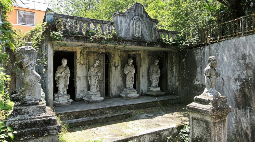 Weathered stone mausoleum with statues, overgrown foliage. Weathered stone mausoleum with statues, overgrown foliage.