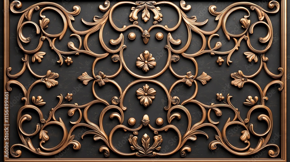 An ornate, bronze decorative panel featuring intricate scrollwork and floral designs on a dark background. An ornate, bronze decorative panel featuring intricate scrollwork and floral designs on a dark background.
