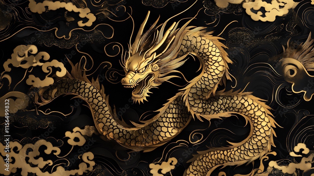 Obraz premium Majestic Golden Dragon Amidst Black Clouds: A Digital Art Masterpiece