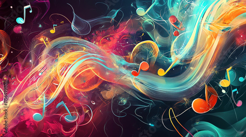Vibrant abstract representation of music with swirling colors and notes.