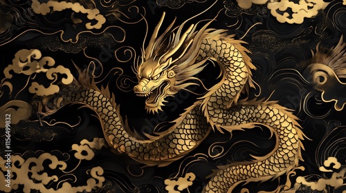 Majestic Golden Dragon Amidst Black Clouds: A Digital Art Masterpiece