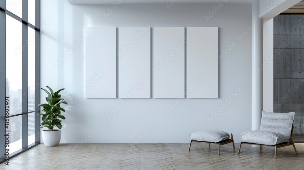 Modern interior featuring empty canvas panels and a plant in a bright, spacious room. Modern interior featuring empty canvas panels and a plant in a bright, spacious room.