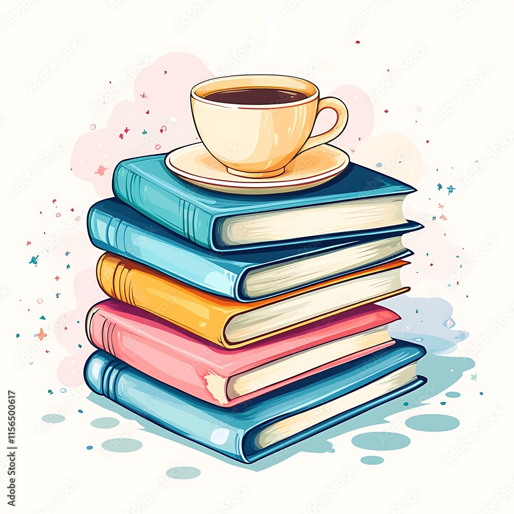 A steaming cup of tea sits atop a stack of vintage books. A steaming cup of tea sits atop a stack of vintage books.