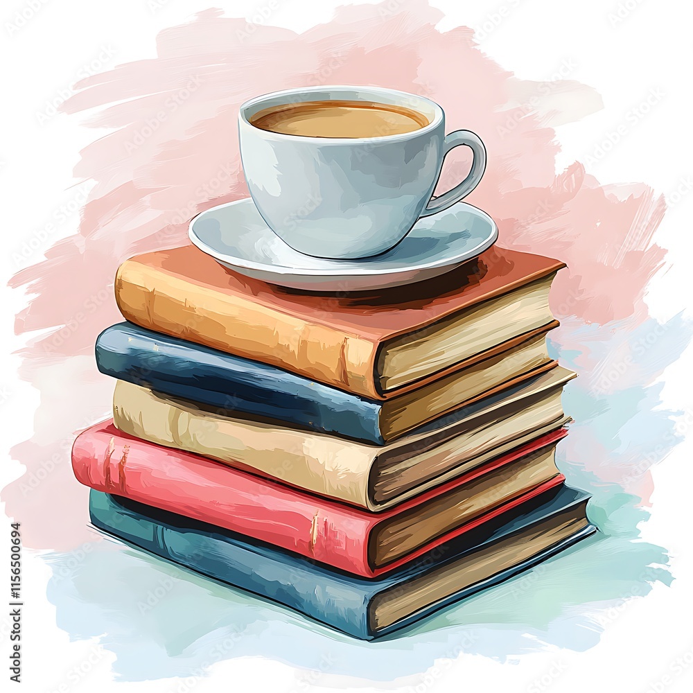 A steaming cup of tea sits atop a stack of vintage books. A steaming cup of tea sits atop a stack of vintage books.