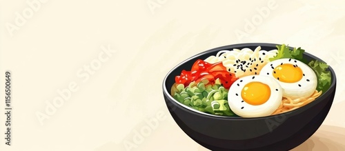 Fresh Korean bibimbap bowl with vibrant vegetables and eggs ideal for food advertising or menu design with room for text insertion photo