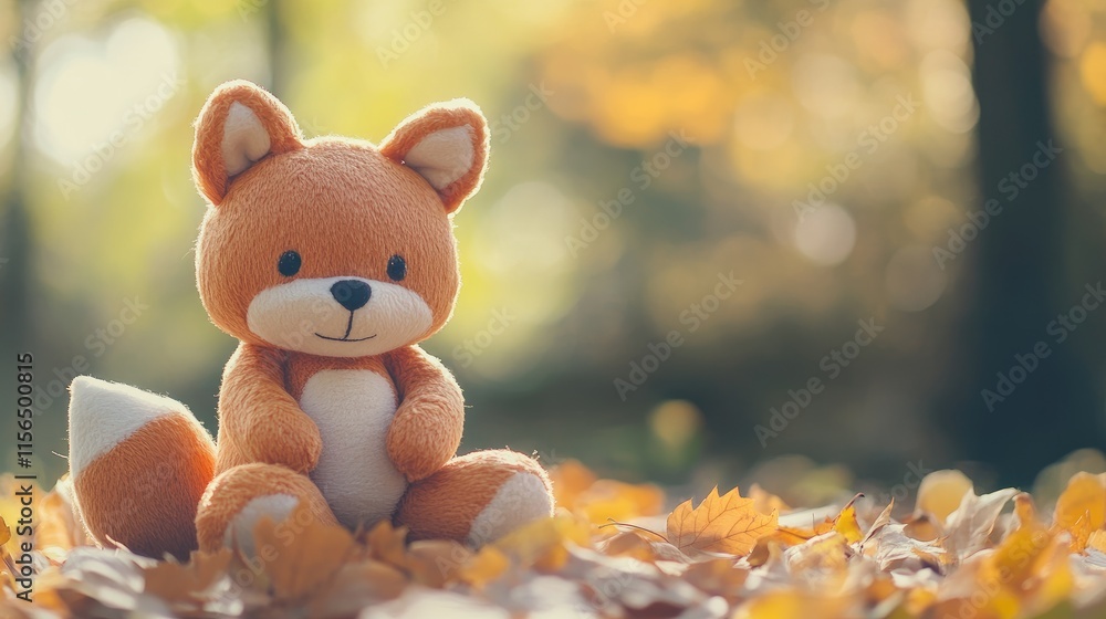 Cuddly Fox Plush Toy Surrounded by Autumn Leaves with Soft Focus Background and Space for Text Personalization Cuddly Fox Plush Toy Surrounded by Autumn Leaves with Soft Focus Background and Space for Text Personalization