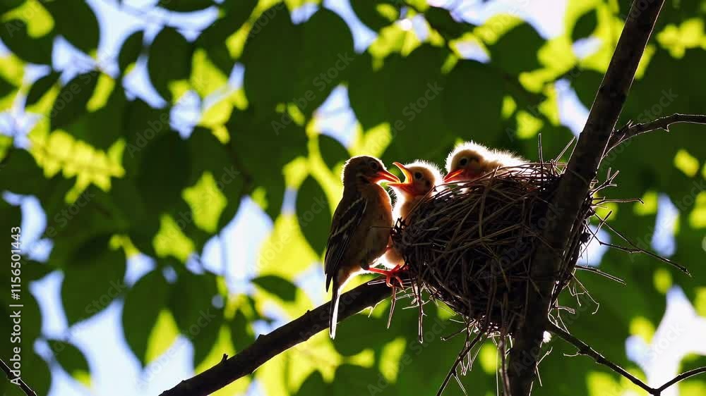 Bird Feeding Chicks in Tree Nest Bird Feeding Chicks in Tree Nest