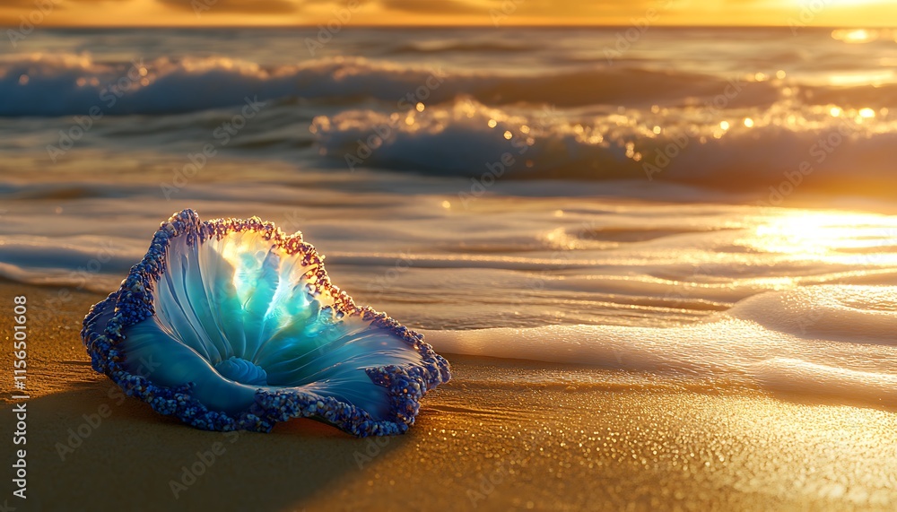 Portuguese Man O' War glowing in soft coral and turquoise resting on golden sands with the ocean waves sparkling under the fading golden sunset glow Portuguese Man O' War glowing in soft coral and turquoise resting on golden sands with the ocean waves sparkling under the fading golden sunset glow