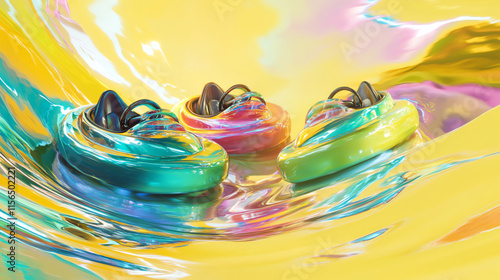A vibrant display of colorful, futuristic shoes on a glossy, abstract background.