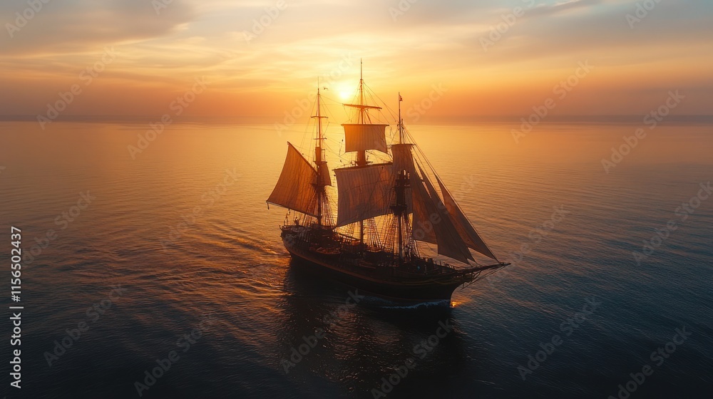 Fototapeta premium A majestic sailing ship at sunset, gliding over calm waters.