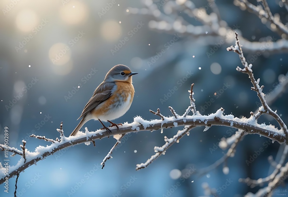 A Robin Perches On A Snow Covered Branch In Winter A Robin Perches On A Snow Covered Branch In Winter