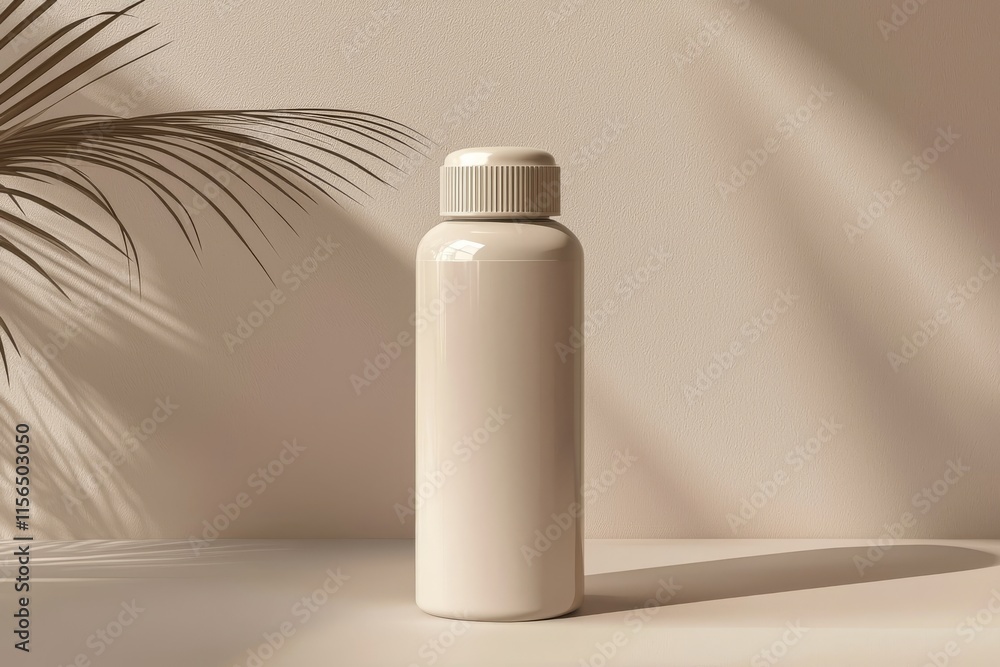 A minimalistic white bottle stands on a surface, complemented by soft shadows and a palm leaf in the background, creating an elegant, serene aesthetic. A minimalistic white bottle stands on a surface, complemented by soft shadows and a palm leaf in the background, creating an elegant, serene aesthetic.